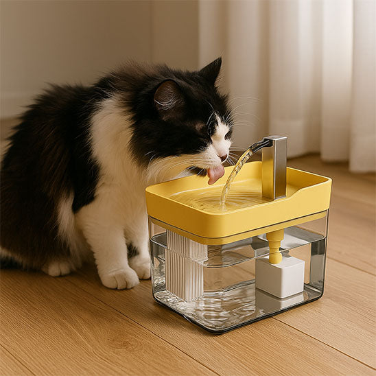 chat noir blanc buvant eau dans fontaine a eau chat jaune