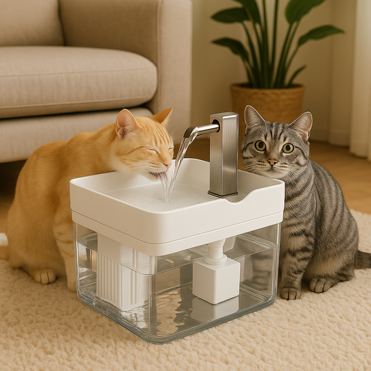 deux chats marron et noir buvant eau dans fontaine a eau chat